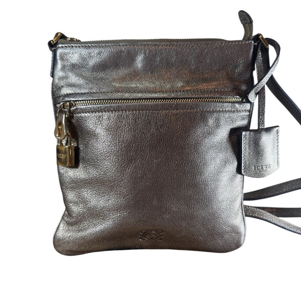 LOEWE Burnished Silver Leather Small Anagram Messenger Crossbody Bag